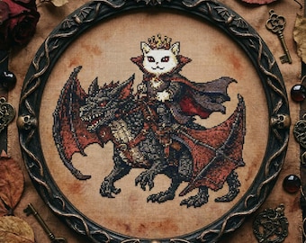 Dragon Rider Cat Cross Stitch Pattern: Fantasy King Riding Dragon Embroidery PDF