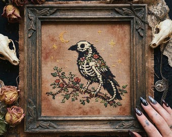 Skeleton Raven Cross Stitch: Gothic Bird on Branch, Moonlight Stars & Dark Nature Embroidery PDF