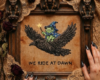 Schema punto croce Rana Mago Cavalca Corvo: Ricamo Avventura Fantasy PDF