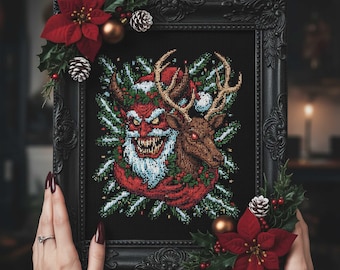 Evil Claus Cross Stitch Pattern: Cursed Reindeer & Haunted Holiday Wreath Embroidery PDF