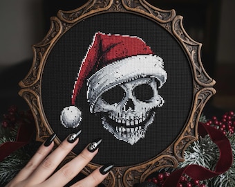 Skull Santa Cross Stitch Pattern: Gothic Christmas Skull Embroidery PDF for Dark Holiday Decor