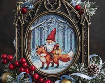 Gnome Riding Fox Cross Stitch Pattern – Winter Forest Embroidery PDF with Lantern