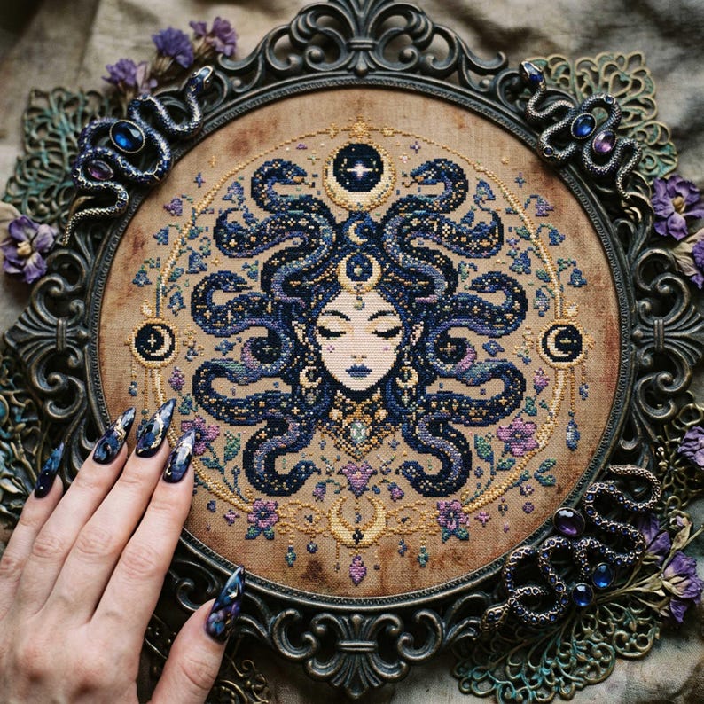 This celestial Medusa cross stitch pattern features a mystical serpent goddess surrounded by flowing cosmic snakes, golden moon symbols, celestial ornaments, and delicate floral accents. Inspired by mythology and dark fantasy aesthetics, the design transforms Medusa into a peaceful moonlit queen filled with elegance and magical energy. Deep navy blue tones blend with soft lavender, dusty pink, and gold celestial details to create an enchanting embroidery composition perfect for gothic home décor