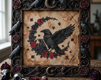 Gothic Raven Cross Stitch Pattern: Dark Floral Crescent Moon Fantasy Embroidery (PDF)