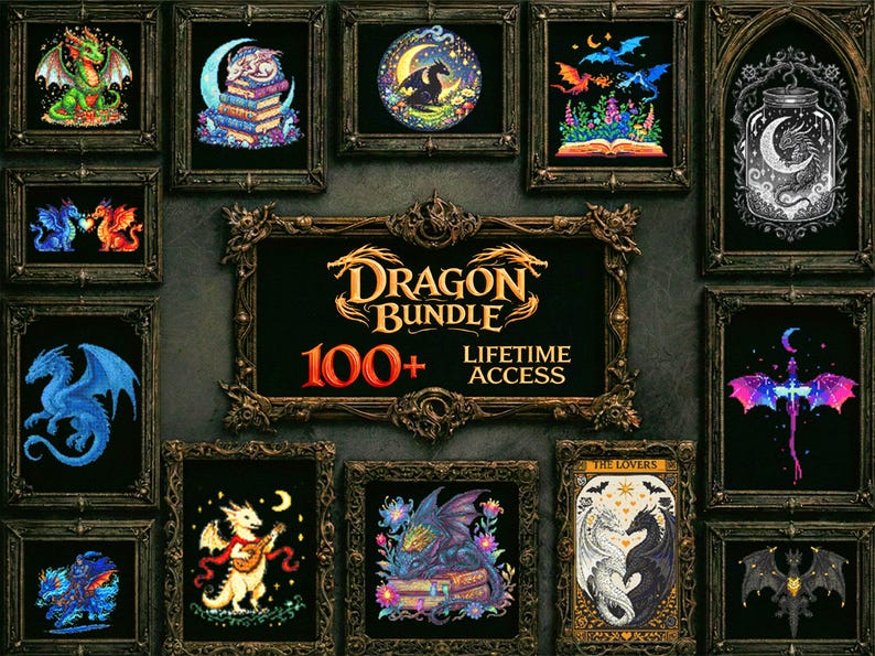 A bold gothic fantasy cross stitch bundle mockup designed to showcase a massive embroidery pattern collection. The center text reads “515+ Entire Shop Cross Stitch Bundle – Lifetime Access,” emphasizing a complete digital library of printable PDF cross stitch designs. Surrounding embroidery hoops display detailed stitched artwork including gothic dragons, arcane. This image highlights a premium embroidery bundle ideal for gothic, fantasy, Halloween, and witchcraft-inspired stitching projects.