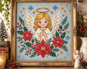 Holiday Angel Cross Stitch Pattern: Christmas Floral Holly Festive Poinsettia Embroidery PDF