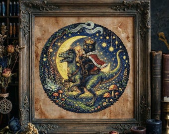 Knight Cat Dragon Cross Stitch Pattern: Crowned Cat Rider & Moonlit Fantasy Embroidery (PDF)