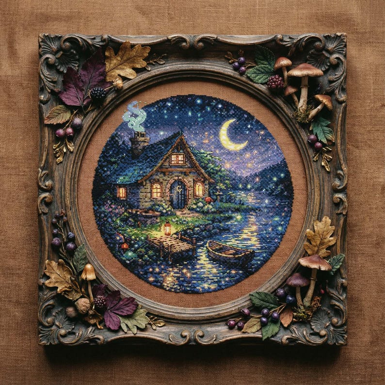 Moonlit Cottage Cross-Stitch Pattern – Cozy Fantasy Night Scene (PDF)
This enchanting cross-stitch design features a glowing fairy cottage beside a tranquil lake under a crescent moon. Warm window light, lantern reflections, and star-filled skies create a peaceful fantasy atmosphere perfect for cozy home décor.
