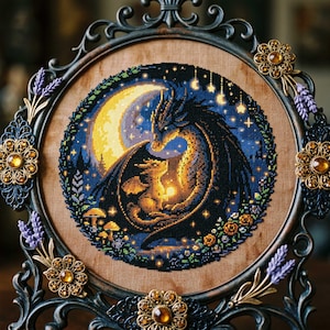 Könnte beinhalten: Kreuzstichkunst eines Drachen und seines Babys vor einem Nachthimmel mit Vollmond. Das Kunstwerk ist in einem dekorativen, verzierten, dunklen Metallrahmen mit floralen und Schmuckakzenten gerahmt. Die Farbpalette umfasst Blau-, Gold- und Grüntöne.
