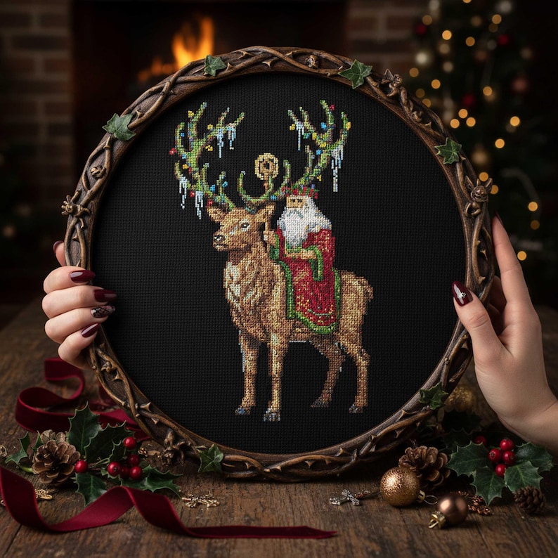 Christmas Reindeer With Santa Cross Stitch Pattern – Fantasy Holiday ...