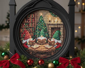Patrón de punto de cruz de gnomos navideños en la biblioteca: Bordado para una acogedora sala de lectura navideña (PDF)