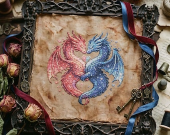Dragon Lovers Cross Stitch Pattern: Fire & Ice Twin Dragons Heart Fantasy Embroidery (PDF)