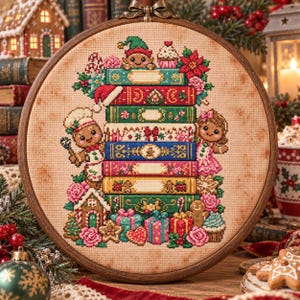 May include: A circular wooden embroidery hoop containing a cross-stitch design of a stack of colorful books surrounded by gingerbread characters, wrapped gifts, and holiday treats on a beige fabric background with a vintage-style mottled effect.