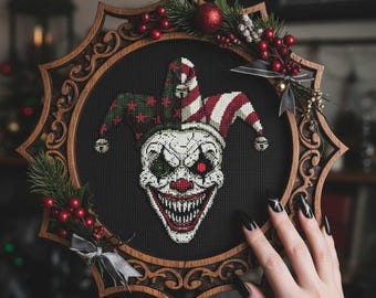 Creepy Jester Clown Cross Stitch Pattern: Nightmare Carnival Mask Horror Embroidery PDF