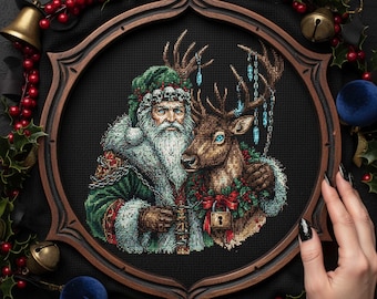 Dark Father Christmas Cross Stitch Pattern: Gothic Reindeer & Skull Crown Embroidery PDF