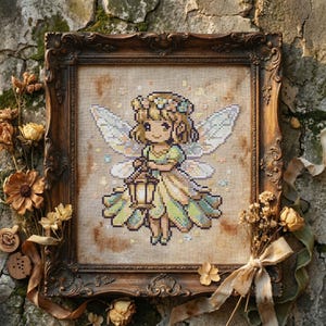 May include: Cross-stitch artwork of a fairy holding a lantern, framed in a dark wood ornate frame. The fairy has blonde hair, a flower crown, and wings. The fairy's dress is pastel green and yellow. Dried flowers and ribbons surround the frame.