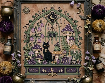 Black Cat and Mushroom Garden Cross Stitch Pattern: Gothic Cottagecore Moon Embroidery PDF