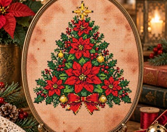 Holiday Floral Christmas Tree Cross Stitch Pattern: Poinsettia Holly Wall Art Embroidery PDF