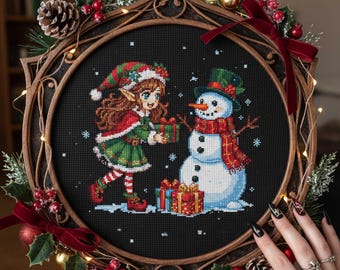 Schema punto croce per elfo di Natale e pupazzo di neve: scena natalizia con ricamo in PDF