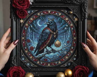 May include: A framed cross-stitch artwork featuring a regal raven with a crown and ornate details. The raven is perched on a branch, holding a golden ornament. The artwork is set against a blue and black background, with red roses and gold ornaments.