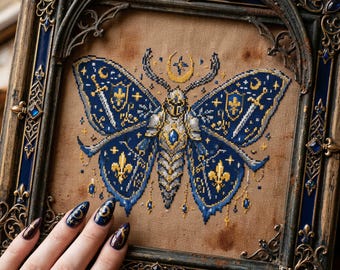 Celestial Knight Butterfly Cross Stitch Pattern: Medieval Fantasy Moth Embroidery PDF