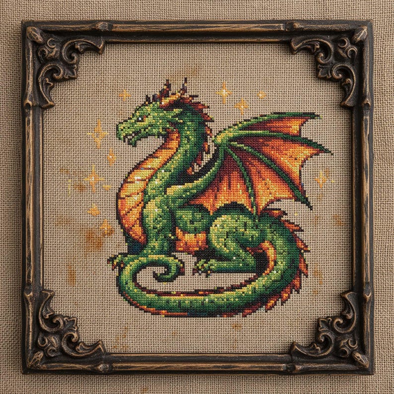 Green Fire Dragon Cross Stitch Pattern: Medieval Fantasy Dragon ...