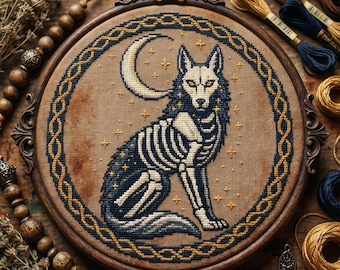 Moon Wolf Cross Stitch: Skeleton Wolf with Celestial Stars & Celtic Frame Embroidery PDF