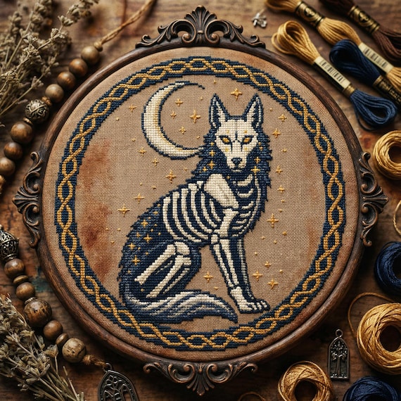 Moon Wolf Cross Stitch: Skeleton Wolf with Celestial Stars & Celtic Frame Embroidery PDF