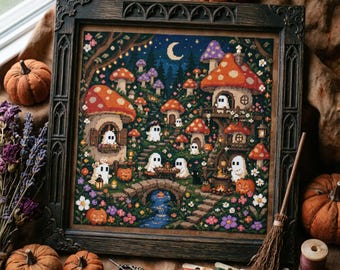 Ghost Mushroom Village Cross Stitch Pattern: Halloween Cottage Forest Embroidery (PDF)
