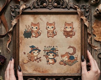 Witch Cat Cross Stitch Pattern Set: Cozy Autumn Magic Kawaii Cat Embroidery (PDF)