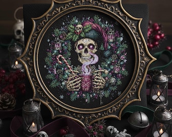 Patrón de punto de cruz de corona navideña con calavera gótica: Bordado navideño de fantasía oscura (PDF)