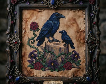 Patrón de punto de cruz Pareja de Cuervos: Bordado floral gótico con setas del bosque (PDF)