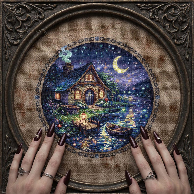 Moonlit Cottage Cross-Stitch Pattern – Cozy Fantasy Night Scene (PDF)
This enchanting cross-stitch design features a glowing fairy cottage beside a tranquil lake under a crescent moon. Warm window light, lantern reflections, and star-filled skies create a peaceful fantasy atmosphere perfect for cozy home décor.