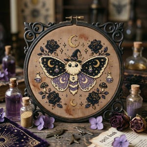 Magical Moth Cross Stitch Pattern: Witch Hat Moon Floral Rose Witchcore Embroidery PDF