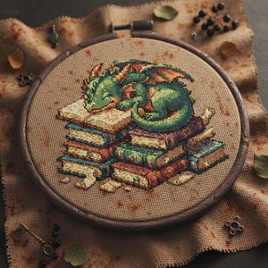 Op de afbeelding: Kruissteekborduurwerk van een groene draak die slaapt op een stapel boeken. De draak heeft oranje vleugels en rust op boeken in verschillende kleuren. De borduurwerk is geplaatst in een houten borduurring en op een jute achtergrond.