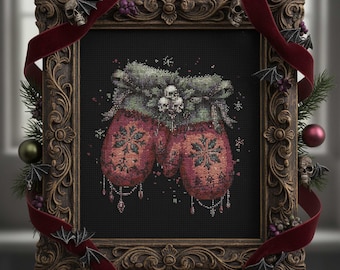 Patrón de punto de cruz de manoplas navideñas góticas: Bordado en PDF de adorno de calavera invernal oscura