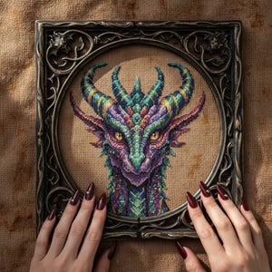 Puede incluir: Un bordado de punto de cruz enmarcado de la cabeza de un dragón, con un diseño detallado en tonos verdes, morados y dorados. El dragón se encuentra sobre un fondo beige y está enmarcado en un marco oscuro y ornamentado. La obra de arte está sostenida por manos con uñas largas de color rojo oscuro.