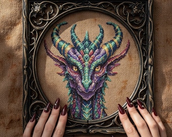 Fantasy Dragon Head Cross Stitch Pattern: Majestic Dragon Portrait Embroidery (PDF)