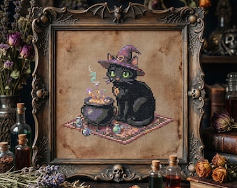 Witch Cat Cross Stitch Pattern: Black Cat Brewing Potion Fantasy Embroidery (PDF)