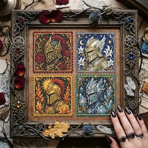 May include: A framed cross-stitch artwork featuring four square panels, each depicting a knight's helmet with intricate details. The panels showcase various color schemes, including red, gold, and blue, within a decorative border. The frame is ornate, with dark wood and metal accents.