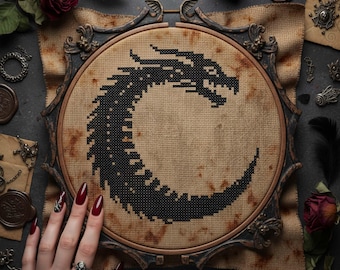 Patrón de punto de cruz de media luna de dragón: silueta de dragón de fantasía oscura bordada en PDF