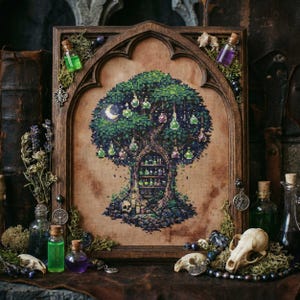 May include: A framed cross-stitch depicting a tree with a crescent moon and potion bottles. The tree has a door leading to a shelf of bottles. The frame is dark brown, and the background is a neutral tan color. Small glass bottles with green and purple liquids are placed around the frame.