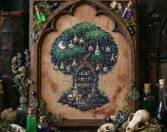 Enchanted Tree Cross Stitch Pattern: Moonlit Alchemy Forest Embroidery PDF