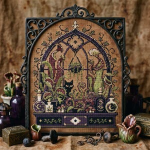 Gothic Fleischfressender Garten Kreuzstich Stickmuster: Schwarze Katze und Venusfliegenfalle Terrarium Stickdatei PDF