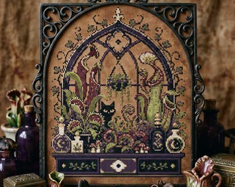 Gothic Carnivorous Garden Cross Stitch Pattern: Black Cat and Venus Flytrap Terrarium Embroidery PDF