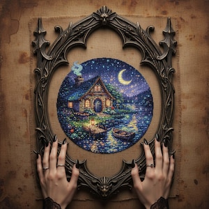Moonlit Cottage Cross-Stitch Pattern – Cozy Fantasy Night Scene (PDF)
This enchanting cross-stitch design features a glowing fairy cottage beside a tranquil lake under a crescent moon. Warm window light, lantern reflections, and star-filled skies create a peaceful fantasy atmosphere perfect for cozy home décor.