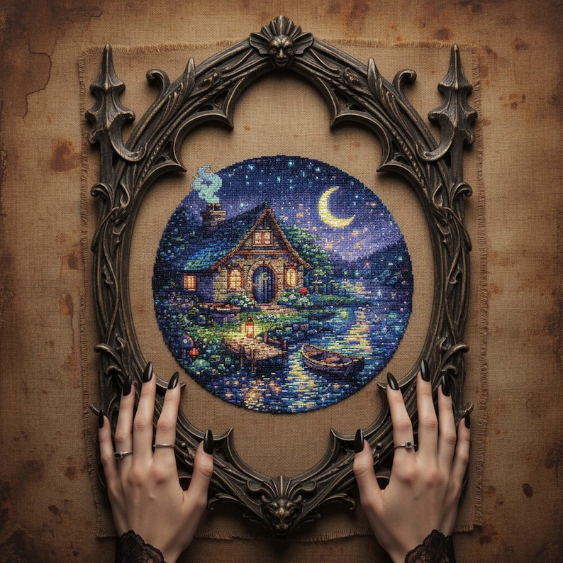 Moonlit Cottage Cross-Stitch Pattern – Cozy Fantasy Night Scene (PDF)
This enchanting cross-stitch design features a glowing fairy cottage beside a tranquil lake under a crescent moon. Warm window light, lantern reflections, and star-filled skies create a peaceful fantasy atmosphere perfect for cozy home décor.