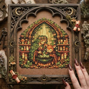 May include: A framed cross-stitch depicting a witch and a deer brewing a potion in a forest setting. The artwork is framed in a dark wood with ornate corner accents and a decorative moon and star design. The color palette includes greens, browns, and oranges.