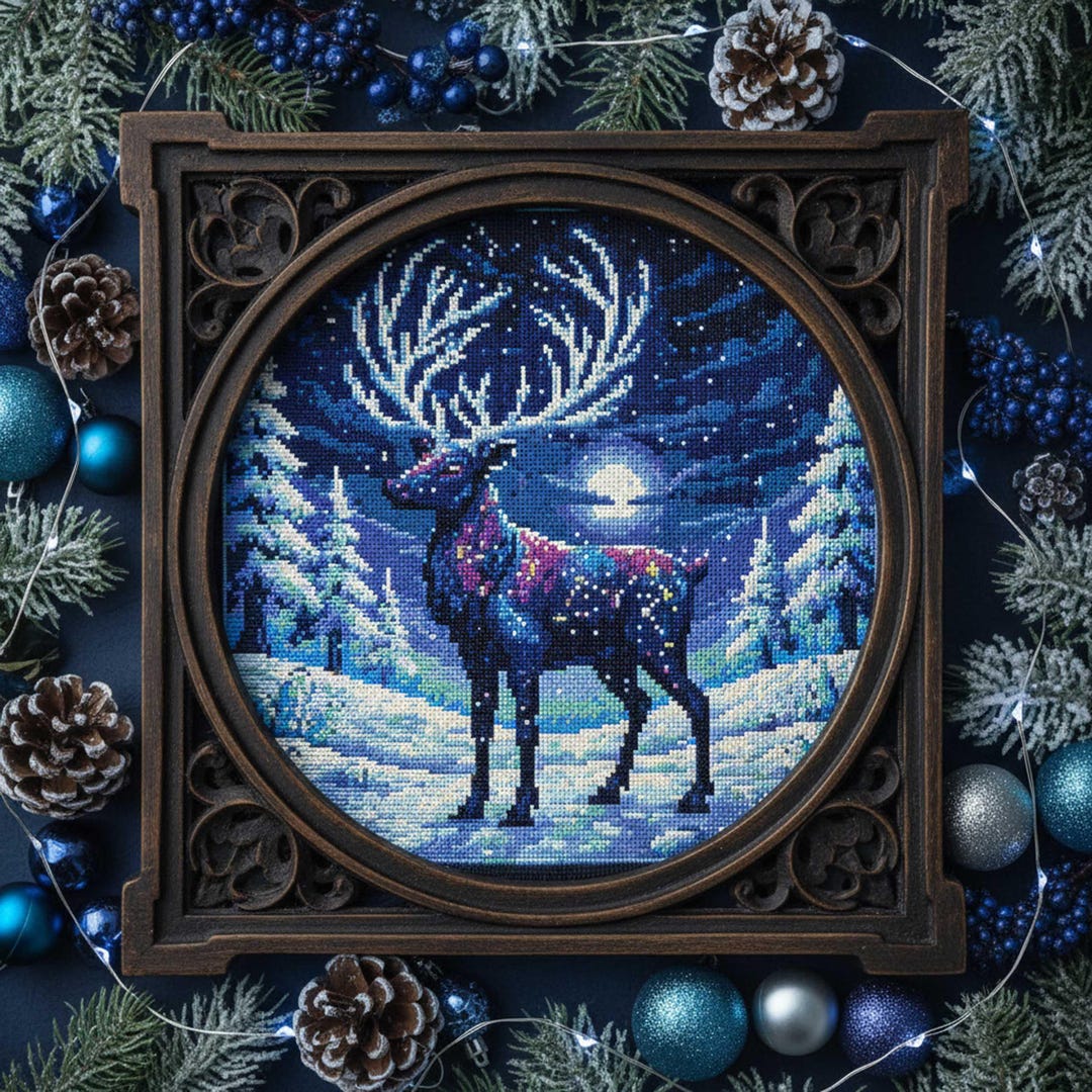 Celestial Stag Cross Stitch Pattern – Winter Fantasy Deer Embroidery ...