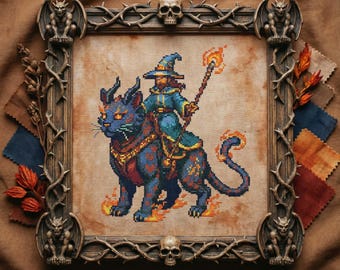 Schema punto croce "Mago che cavalca un gatto": ricamo fantasy con magia del fuoco (PDF)